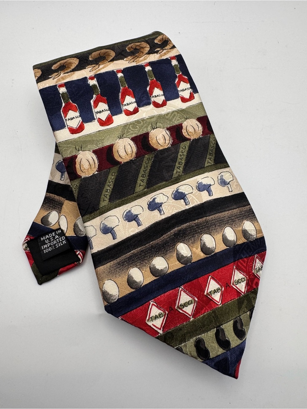 Vintage TABASCO Sauce 100% Silk Novelty Logo Patterned Geometric Color Necktie